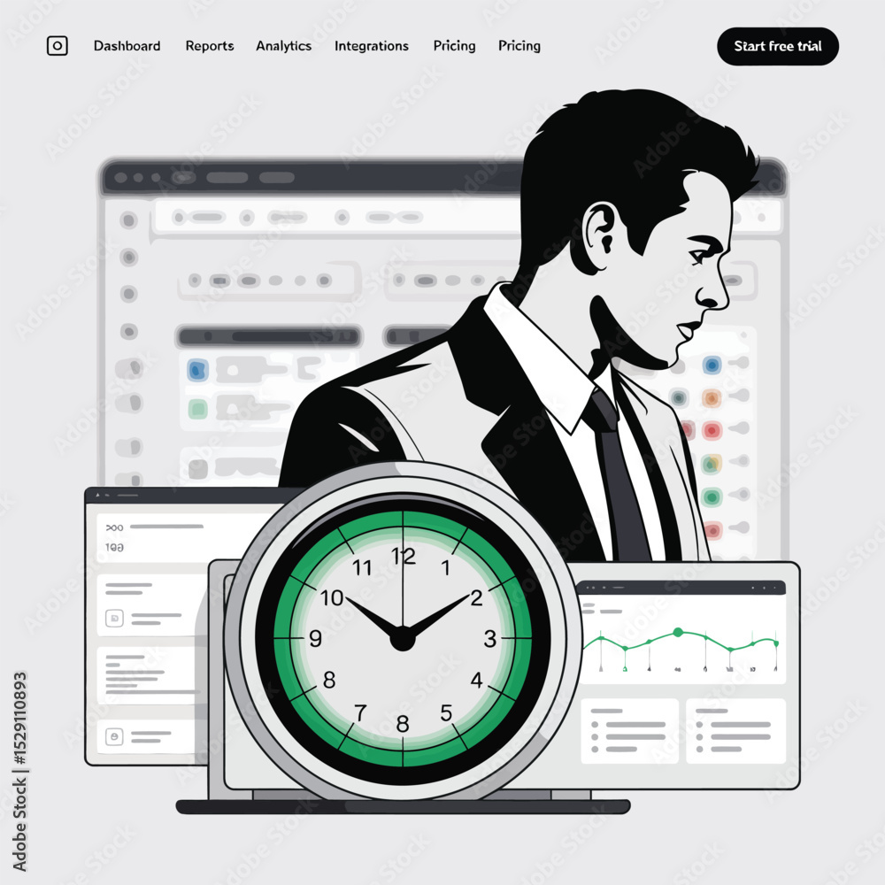 Poster businessman analyzing data with time management clock and dashboard