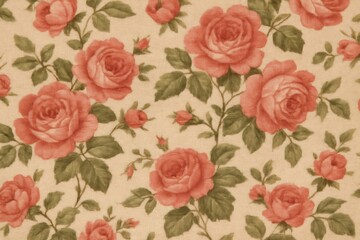Vintage floral seamless pattern featuring pink roses, verdant leaves blooming across soft beige textile background
