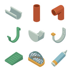Gutter System Icons. Isometric Flat icon set of gutter and downspout components: gutter section, downspout pipe, elbow joint,