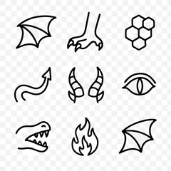 Fototapeta premium Dragon Anatomy Icons. Outline icon set of dragon anatomy: wings, claws, scales, tail, horns, eyes, teeth, fire breath, wing
