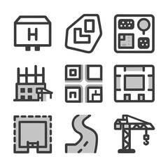 Drone Aerial Icons. Flat icon set of drone aerial views: bird’s-eye building, site masterplan, rooftop garden, construction
