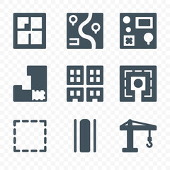Drone Aerial Icons. Flat icon set of drone aerial views: bird’s-eye building, site masterplan, rooftop garden, construction