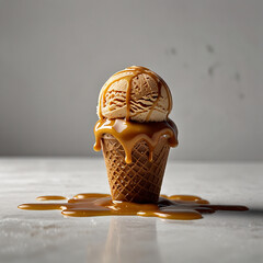 A scoop of creamy caramel ice cream with caramel sauce