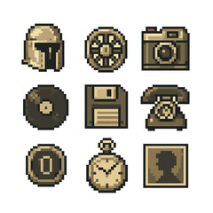 Historical Icon Grid. Pixel art icon set of historical era themes: medieval helmet, steam locomotive wheel, vintage camera, vinyl