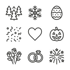 Holiday Outline Icons. Outline icon set of holiday wrapping themes: Christmas tree pattern, snowflake print, Easter egg motif,
