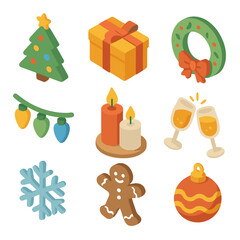 Holiday Celebration Icons. Isometric Flat icon set of family holiday celebrations: decorated tree, wrapped gift, festive wreath,