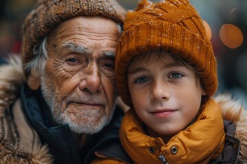 An intimate portrait captures the bond between an elderly man and a young boy, set against a snowy backdrop, radiating warmth and familial affection during the winter.