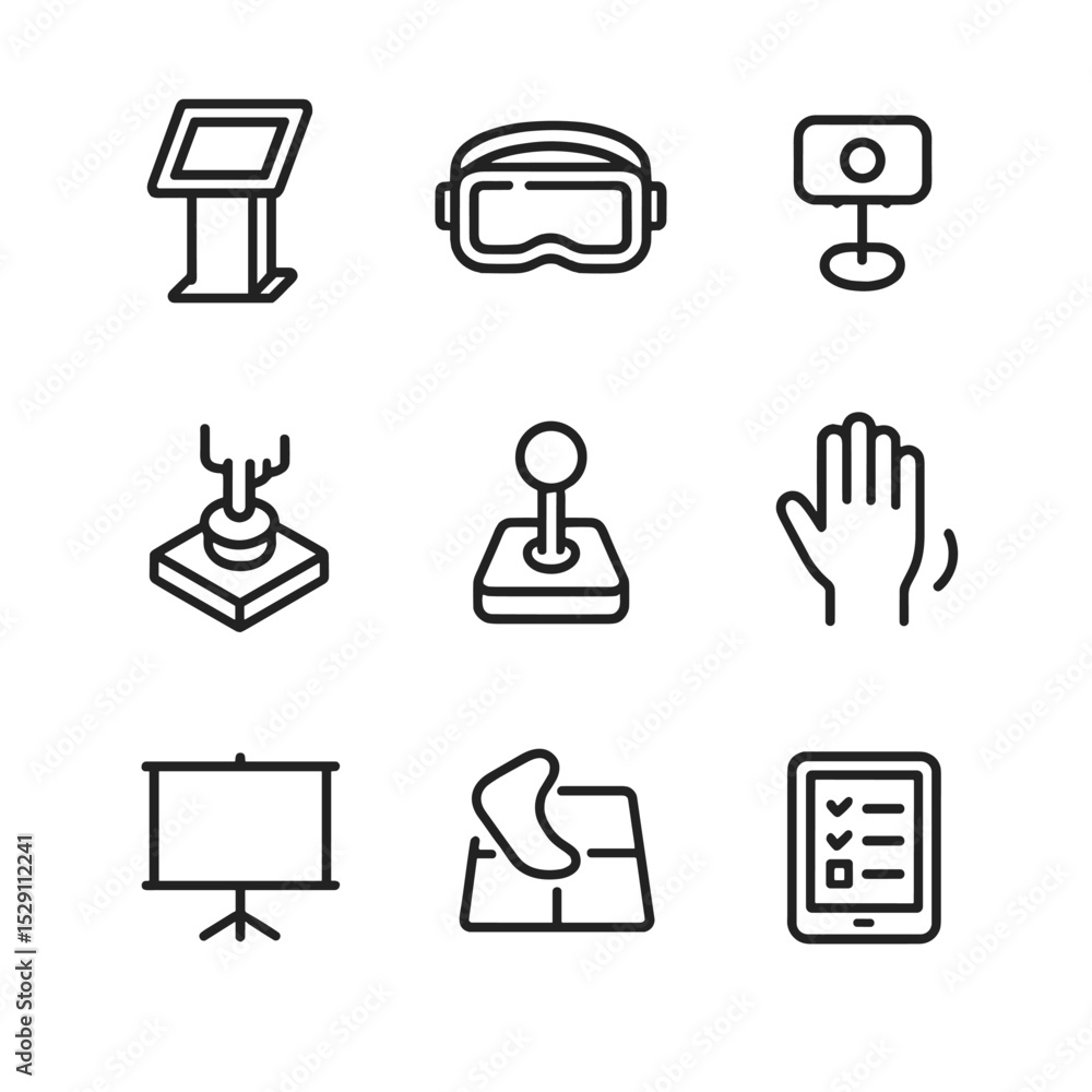 Poster interactive exhibit icons. outline icon set of interactive exhibit features: touchscreen kiosk, vr h