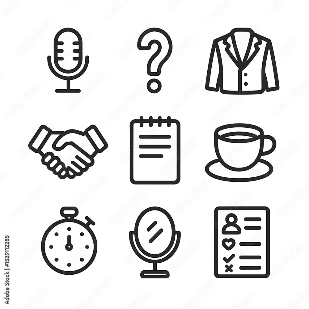 Poster interview guide icons. outline icon set of interview preparation guide: microphone, question mark, s