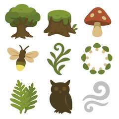 Naklejka premium Enchanted Forest Icons. Flat icon set of enchanted forest elements: ancient tree, mossy stump, toadstool, firefly, vine, mushroom