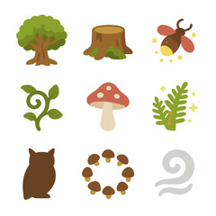 Obraz premium Enchanted Forest Icons. Flat icon set of enchanted forest elements: ancient tree, mossy stump, toadstool, firefly, vine, mushroom