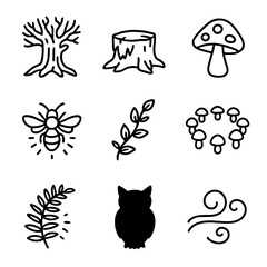 Enchanted Forest Icons. Outline icon set of enchanted forest elements: ancient tree, mossy stump, toadstool, firefly, vine,