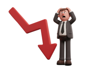 3D cartoon businessman in panic next to falling red arrow, financial crisis and business loss, isolated on white background
