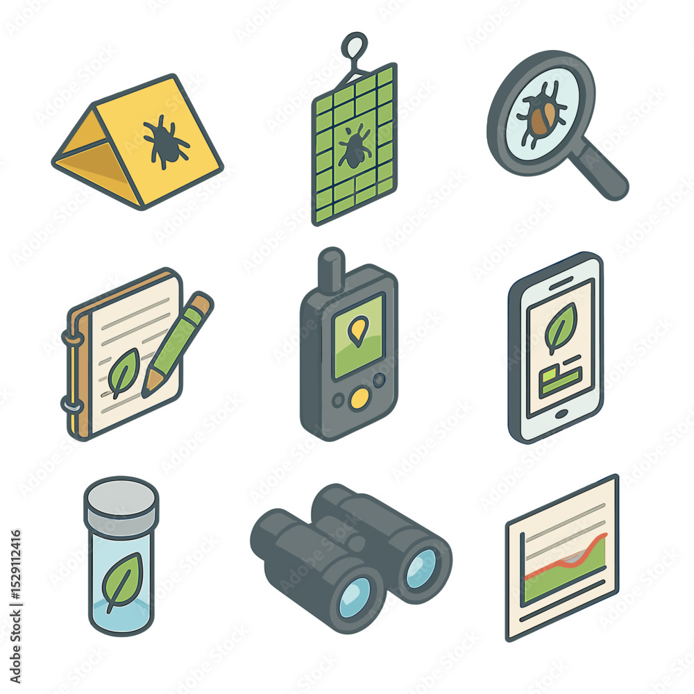 Poster ipm tool icon set. isometric flat icon set of monitoring and scouting tools in ipm: pheromone trap, 