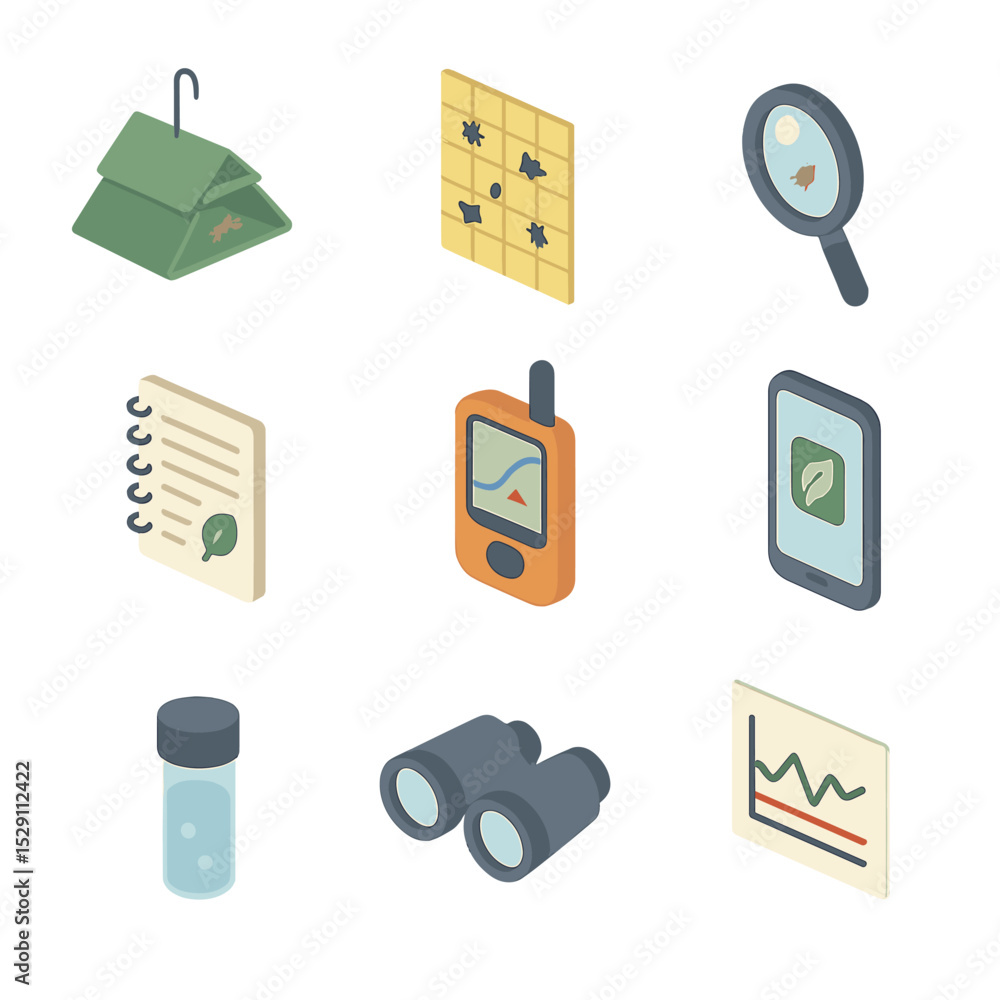 Poster ipm tool icon set. isometric flat icon set of monitoring and scouting tools in ipm: pheromone trap, 