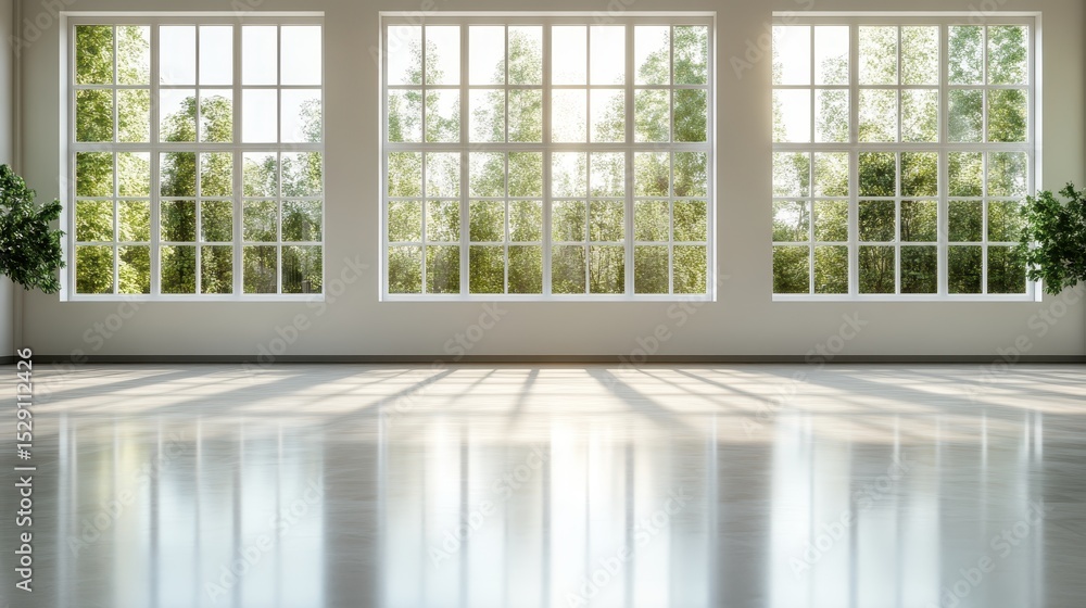 Aufkleber a bright and airy room featuring large windows that allow natural light to flood in, adorned with gr