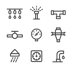 Fototapeta premium Irrigation Icon Set. Outline icon set of irrigation layout schemes: drip line, sprinkler head, main supply pipe, valve symbol,