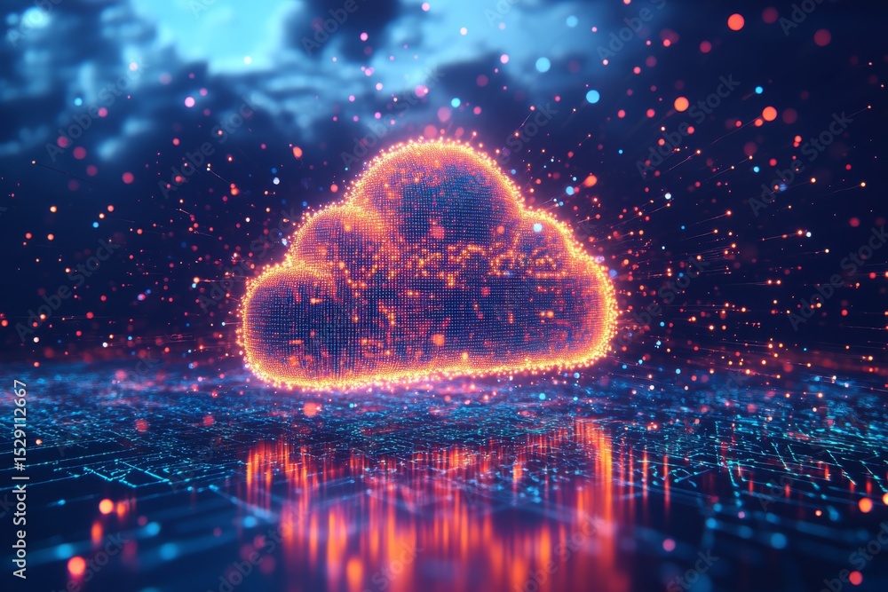 Poster a glowing digital cloud icon composed of vibrant neon particles floats above a futuristic circuit bo