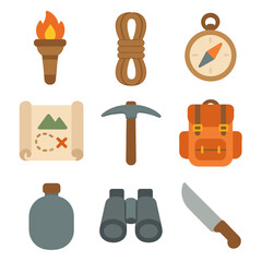 Exploration Gear Icons. Flat icon set of exploration gear: torch, rope coil, compass, map scroll, pickaxe, backpack, water flask,