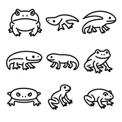 Extinct Amphibians Icons. Outline icon set of extinct amphibians and early tetrapods: beelzebufo, diplocaulus, koolasuchus,