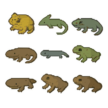 Extinct Amphibians Icon Set. Pixel art icon set of extinct amphibians and early tetrapods: beelzebufo, diplocaulus, koolasuchus,