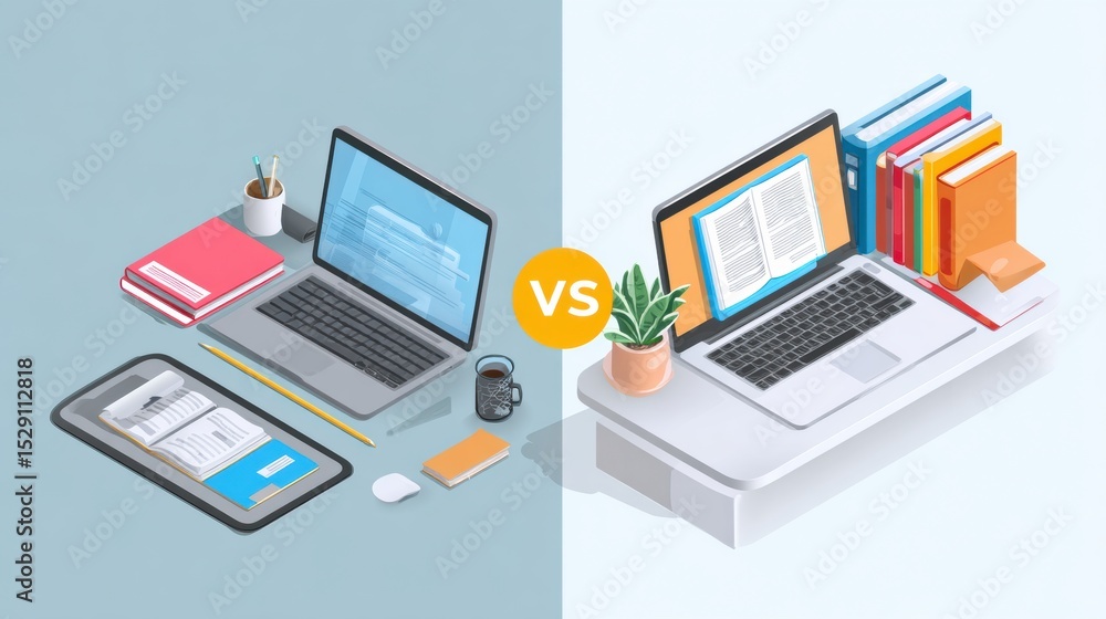 Poster comparison of traditional learning and online learning methods in a modern infographic style