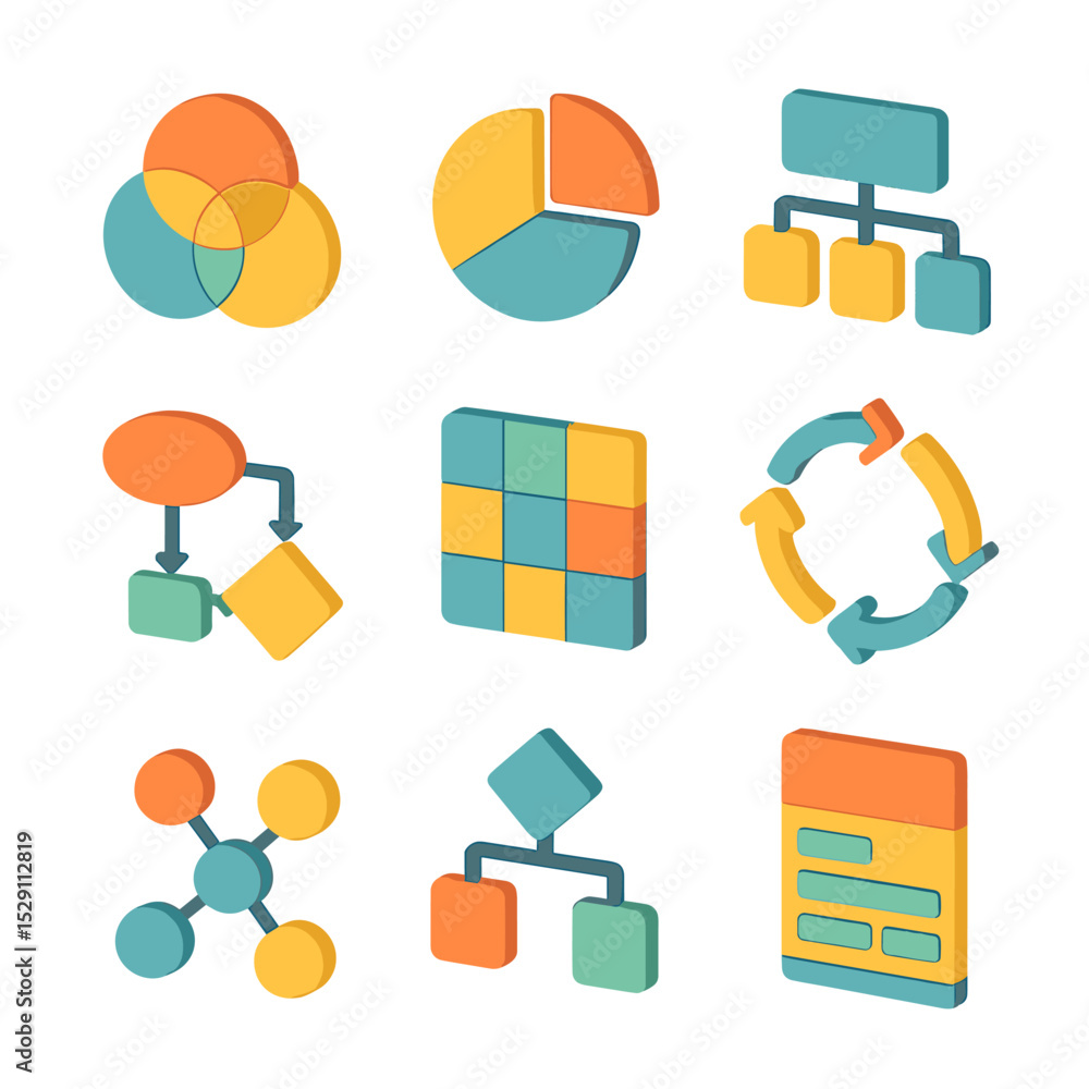 Poster learning styles icons. isometric flat icon set of learning styles framework diagrams: venn diagram, 