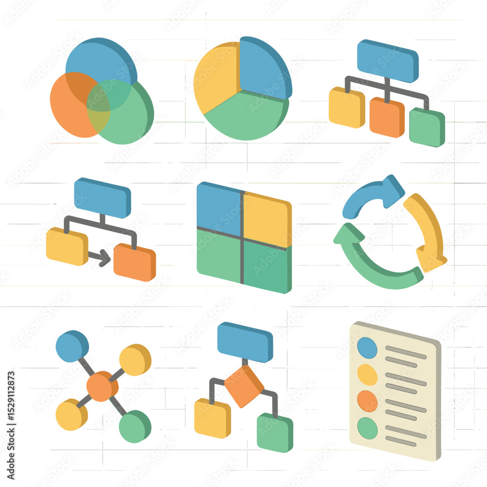 Poster learning styles icons. isometric flat icon set of learning styles framework diagrams: venn diagram, 
