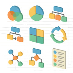 Learning Styles Icons. Isometric Flat icon set of learning styles framework diagrams: Venn diagram, pie chart, hierarchical chart,