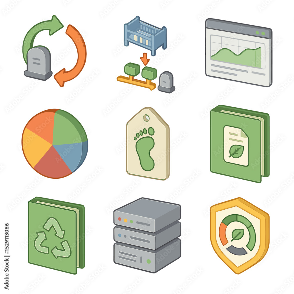 Poster lifecycle assessment icons. isometric flat icon set of lifecycle assessment: cradle-to-gate arrow lo
