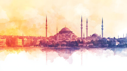 Istanbul skyline illustration in black and simple watercolor on abstract watercolor background. Watercolor painting background.