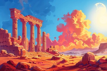 Obraz premium Ancient temple ruins in a desert landscape under a vibrant blue sky