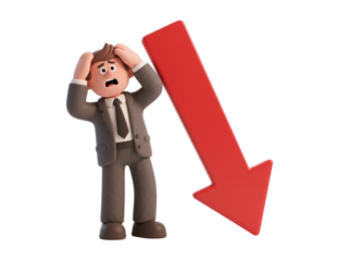 3D cartoon businessman in despair next to large red downward arrow, financial loss concept, isolated on white background