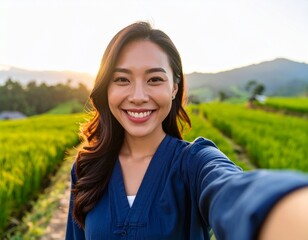 A close-up portrait of a young Southeast Asian woman smiling confidently in traditional farmer clothing, captured from a slightly low angle. She wears a navy blue shirt. The background is softly blurr