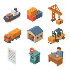 Maritime Logistics Icons. Isometric Flat icon set of maritime shipping logistics: cargo ship, shipping container stack, port crane