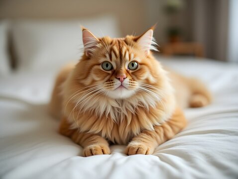 A fluffy orange cat laying on a bed