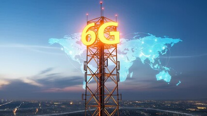 Global 6G Network Tower at Night - Powered by Adobe