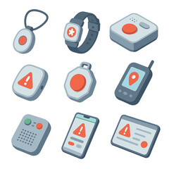 Medical Alert Icon Set. Isometric Flat icon set of medical alert devices: wearable pendant, medical bracelet, base station, fall