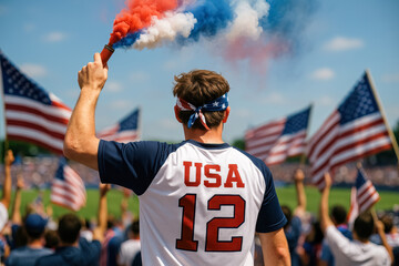 American Man Holding Flare at Patriotic Soccer Match


