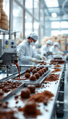 Obraz premium Workers craft glossy chocolate in a clean factory bathed in warm natural light.