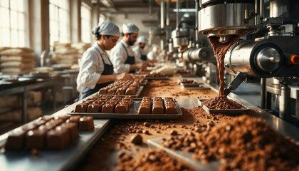 Workers craft glossy chocolate in a clean factory bathed in warm natural light.








