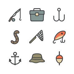 Fishing Icon Set. Flat icon set of fishing sports: fishing rod, tackle box, fish hook, bait worm, fishing net, tackle lure, boat