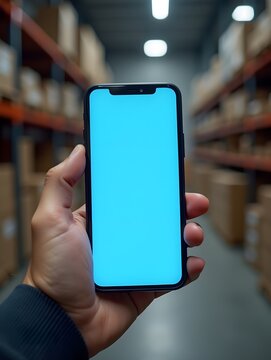 Smartphone with blue blank screen mockup in a man's hand against the background of a warehouse with goods