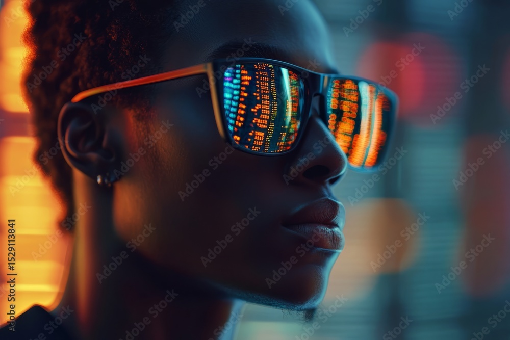 Poster a close-up of a man wearing reflective sunglasses displaying colorful digital code in a dimly lit, f