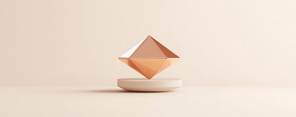 Floating copper prism stand with product centered in minimal cream background