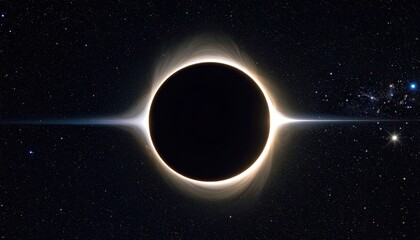 Black Hole Simulation Showing Gravitational Lensing Effects A Dark Sphere Surrounded By A Bright Light Halo Against A Starry Background