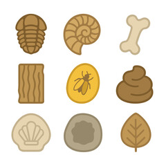 Fossil Icon Set. Flat icon set of fossil evidence types: trilobite, ammonite, dinosaur bone, petrified wood, amber insect,