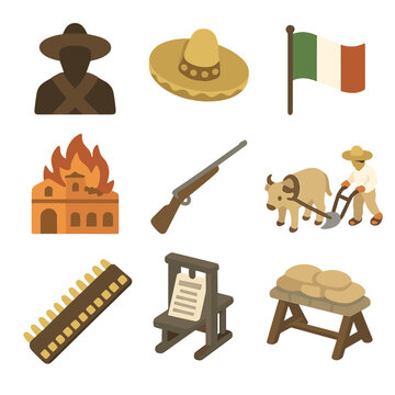 Mexican Revolution Icons. Isometric Flat icon set of Mexican Revolution: Pancho Villa silhouette, Zapatista sombrero hat, Mexican