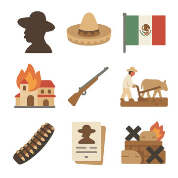 Mexican Revolution Icons. Isometric Flat icon set of Mexican Revolution: Pancho Villa silhouette, Zapatista sombrero hat, Mexican