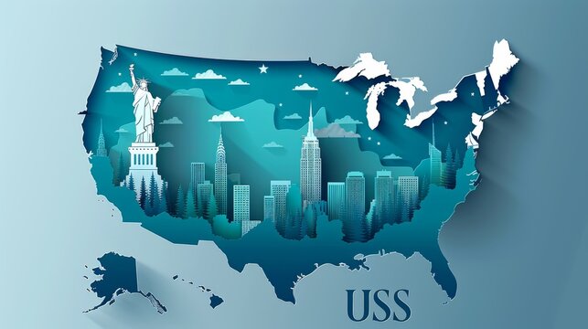 Colorful paper cut-out map of the USA highlighting famous landmarks and states - Powered by Adobe